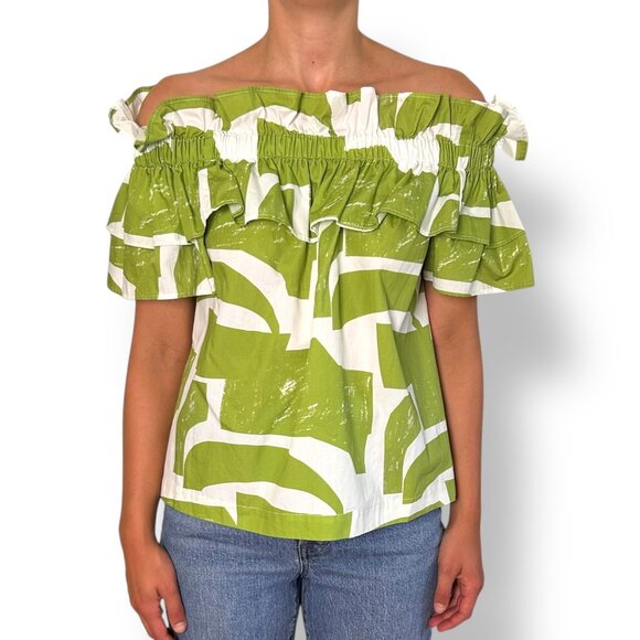 MeimeiJ Abstract Green White Print Top Off Shoulder Ruffle Cotton Sz XS (Ital 38 - Picture 1 of 8